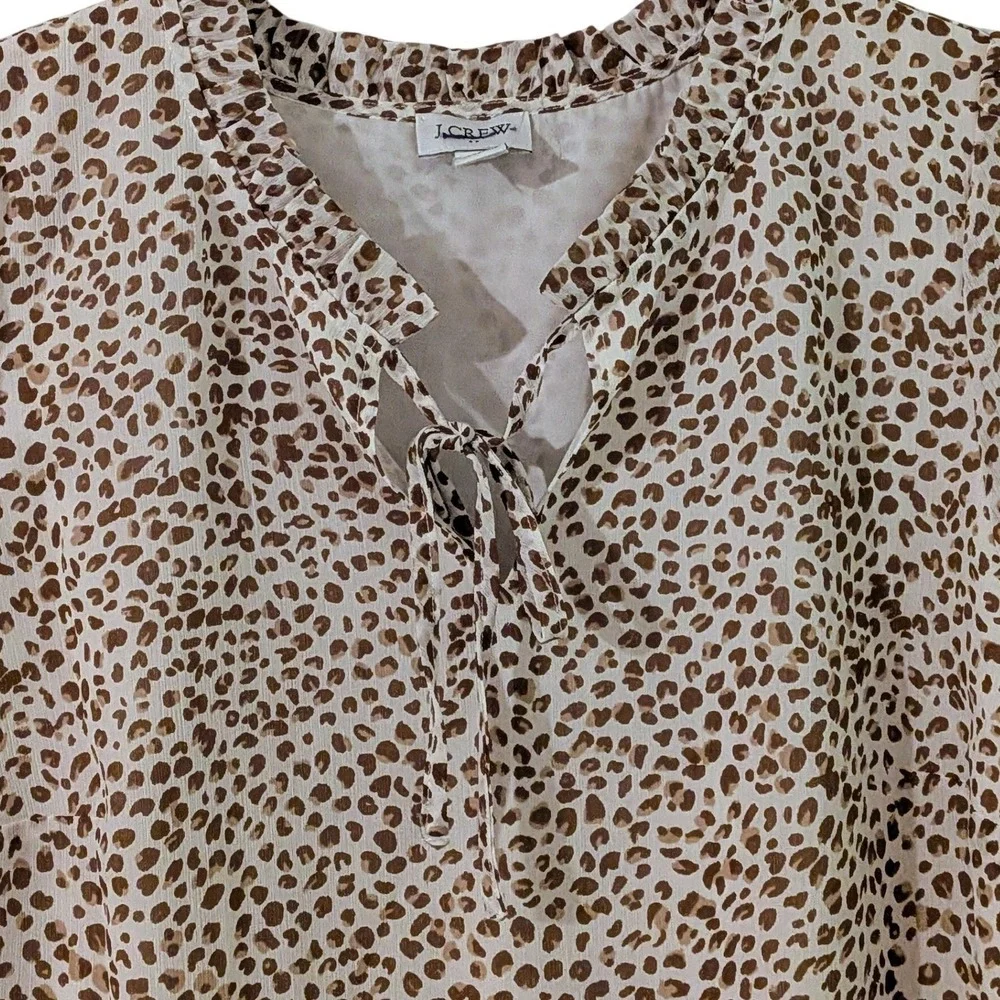 J. Crew Leopard Print Ruffle Tie Neck Short Sleeve Blouse Women's Size S NWT $80